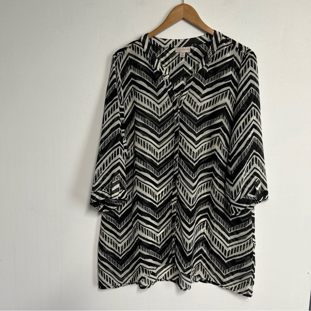 Dressbarn Women's 2X Black White Sheer Button Blouse 3/4 Sleeve‎ Artsy Coquette